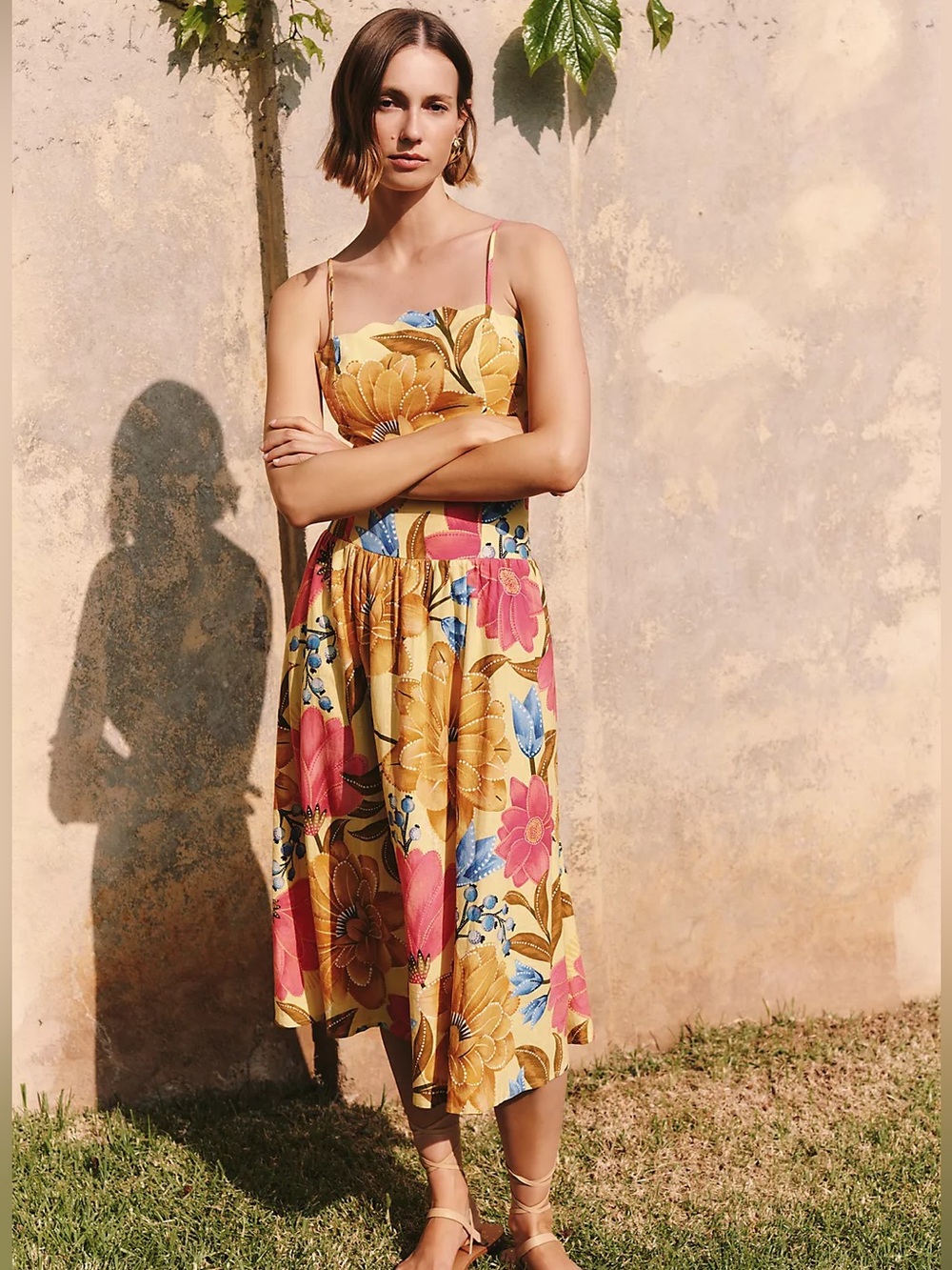 NEW Farm Rio x Anthropologie Linen Blend Midi Dress, Medium Petite